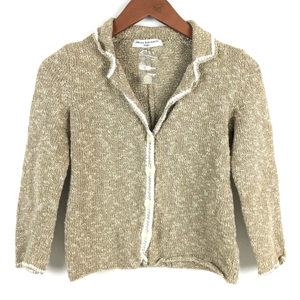 Amina Rubinacci Napoli Sweater 40 Tan Linen Made in Italy Cardigan Size Small